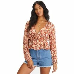 Billabong Time Goes By Long Sleeve Crop Top-Red Clay